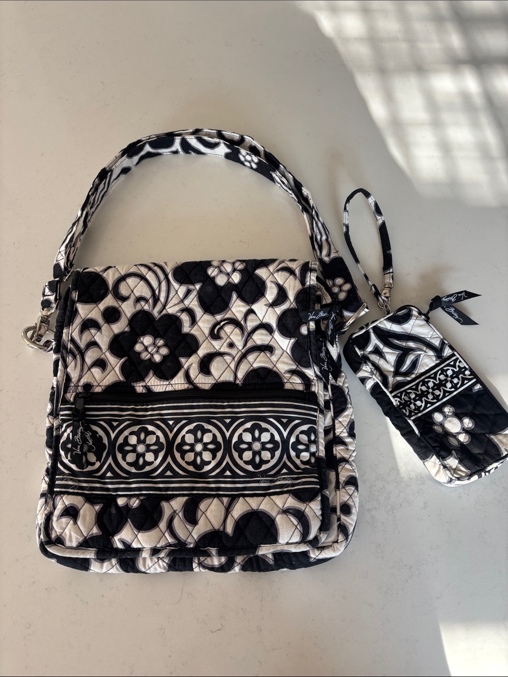 Vera Bradley Black and White Quilted Shoulder Bag with Matching Wristlet